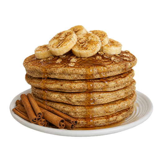 Cinnamon oat pancakes topped with banana slices and cinnamon sticks