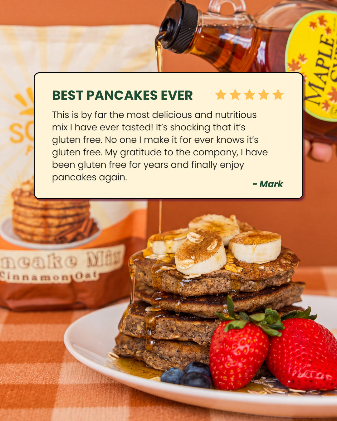 Five-star customer review of Cinnamon Oat Pancake Mix over a pancake stack