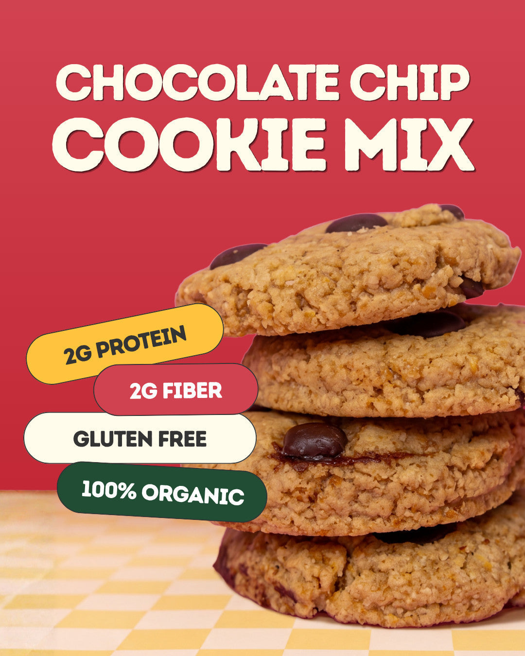 Chocolate Chip Cookie Mix: 2g protein, 2g fiber, gluten free, 100% organic
