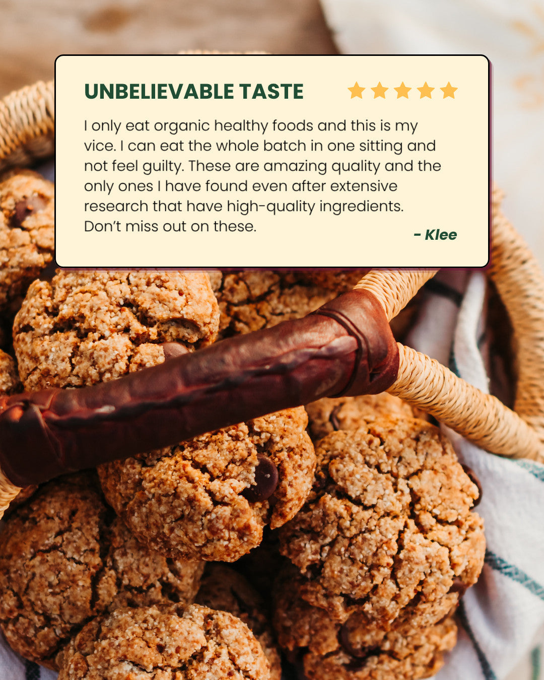 Five-star customer review of Cookie Mix over a pile of cookies